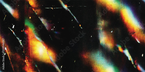 Vector seamless pattern, Crystal rainbow light leaks photo overlay background with lens flare effect, scratches dust dirty film grain texture with heavy noise, grunge texture, distressed damaged film