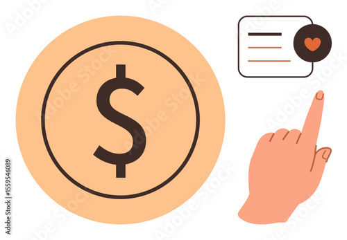 Dollar coin and hand pointing to message bubble with a heart, combining money and engagement. Ideal for finance, e-commerce, marketing, thumbs ups, interaction, charity connections. Simple flat