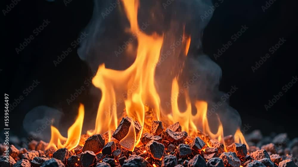 Burning Embers: Dynamic Flames and Smoke on Black Background Burning Embers: Dynamic Flames and Smoke on Black Background