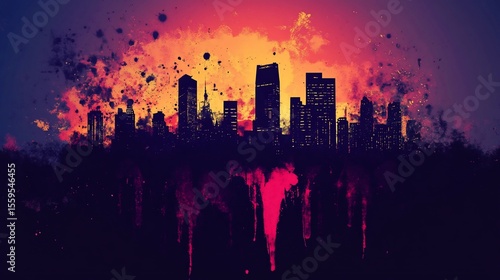Urban decay concept with city skyline silhouette and abstract elements