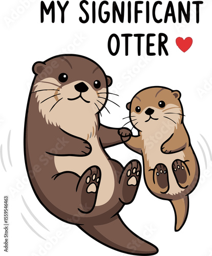 Cartoon Otters Holding Hands Brown and Tan Fur Black Outlines Cute.