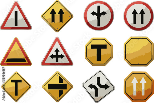 Collection of Cartoonish Road Signs: Triangular Diamond Round and Octagonal Shapes.