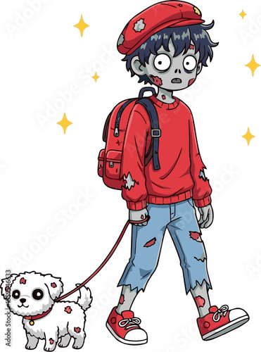 Cartoon Zombie Boy Walking with Dog Wearing Red Cap and Backpack.