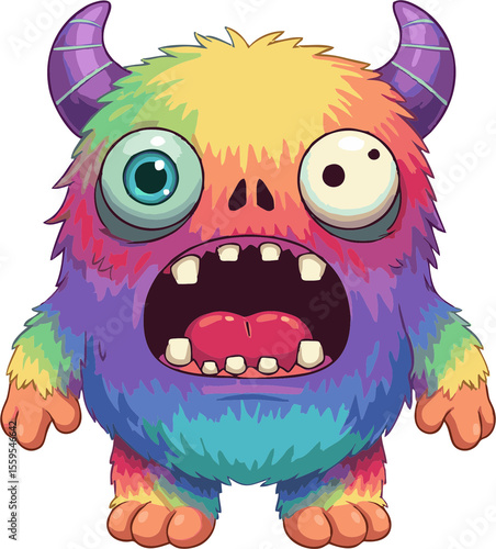 Colorful Cartoon Monster with Open Mouth Horns and Googly Eyes.