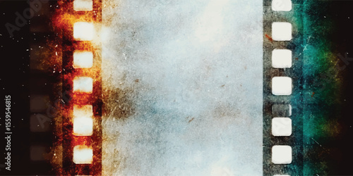 Vector seamless pattern, Grunge filmstrip with empty dusty frames or cells and nice texture on the border, fluffs on film material, real film grain texture, light leaks scratches dust old film