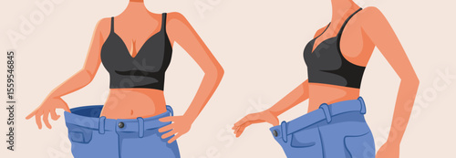 Frontal and Side View of a Weight Loss Progress Vector Illustration. Girl who went through a dramatic body transformation
