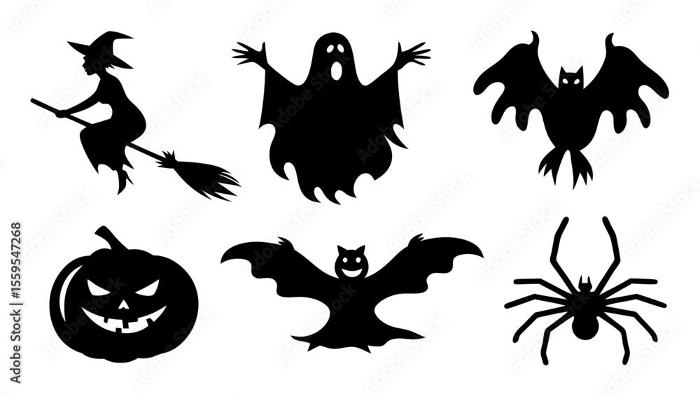 Fototapeta premium Set of Halloween silhouette collection elements on tranparent background