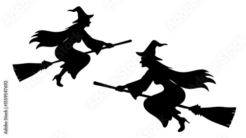 Set Of Flying Witch Silhouettes on Broomsticks