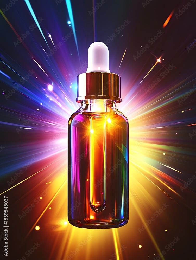 Naklejka premium Glass dropper bottle with golden cap filled with colorful liquid against a vibrant light burst background