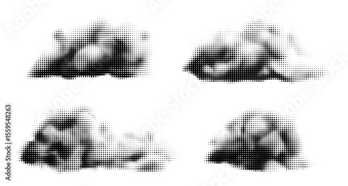 Halftone clouds vector set. Black dotted smoke isolated. Retro design collage elements, newspaper or magazine vintage stickers