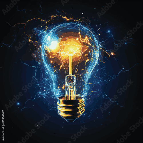 Realistic shining light bulb against a bright lightning. The concept of the born idea and the power of the mind. Electric abstract design