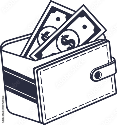 Stylized line art illustration of an open wallet with two dollar bills prominently displayed inside symbolizing financial wealth and cash