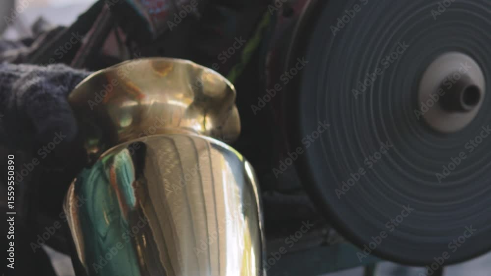 Crafting brass: polishing metal in a workshop Crafting brass: polishing metal in a workshop