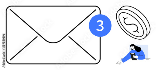 Envelope with alert, dollar coin, and user checking device. Ideal for communication, email, finance, notifications, user engagement, e-business and a simple landing page