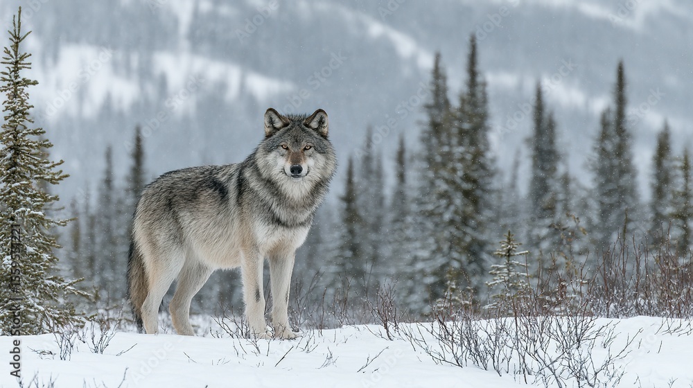 Naklejka premium Gray wolf stands alert in a snowy winter forest.