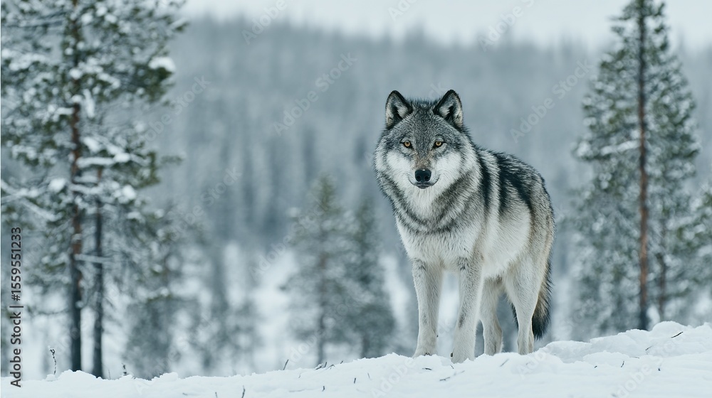 Naklejka premium Gray wolf standing in a snowy forest.