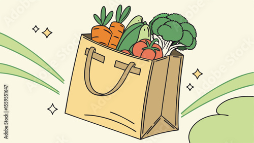 A charming hand drawn illustration of a reusable grocery bag overflowing with fresh vibrant vegetables like carrots broccoli tomatoes and cucumbers symbolizing healthy eating and shopping