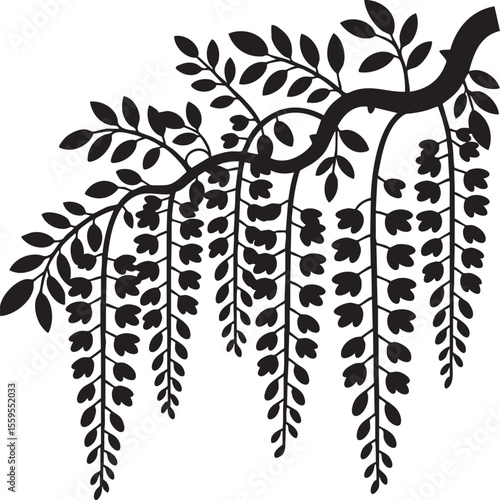 black wisteria branch silhouette on white clip art preview