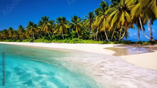 Idyllic tropical beach with turquoise water, palm trees, and pristine white sand under a clear blue sky for travel and vacation themes.
