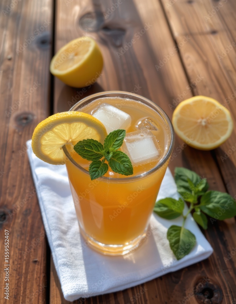 Fototapeta premium Refreshing lemon iced tea kitchen table beverage photography natural lighting close-up summer vibes