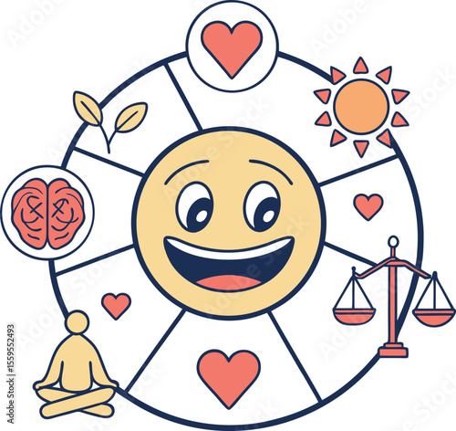 A vibrant circular diagram illustrates the interconnected elements of a balanced and happy life featuring a cheerful emoji at its center surrounded by symbols of well being