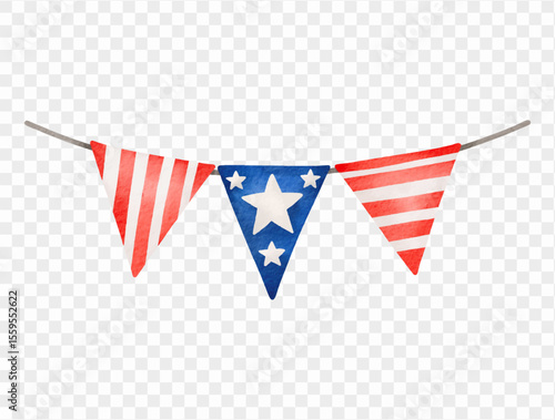 Hand painted red, white, and blue pennant banner in a patriotic USA style for Independence Day events. vector.