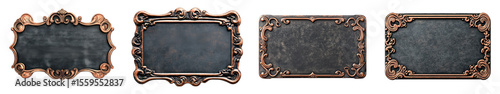set of Rustic Metal Frames Collection: Four ornate, rustic metal frames in varying shapes and styles, offering a vintage aesthetic for design projects.