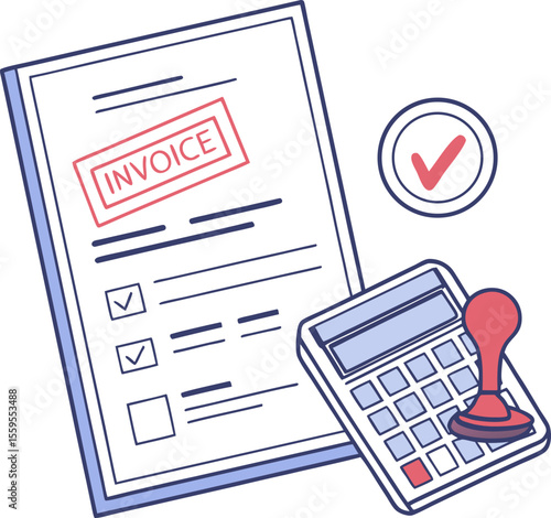 An approved invoice document with a red stamp and checkmarks accompanied by a calculator and a verification symbol representing financial approval and accounting processes