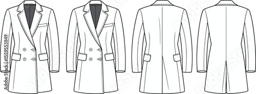 Men’s formal double breasted blazer coat flat sketch front and back view, tailored suit jacket fashion illustration vector design

 flat vector illustration