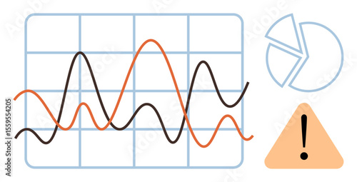 Line graph with rising and falling trends, pie chart, and warning exclamation inside triangle. Ideal for data analysis, risk management, forecasting, reporting, business strategy, statistics simple
