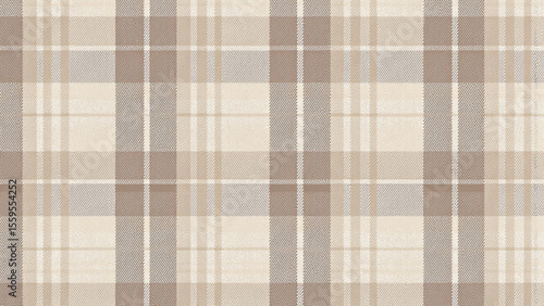 A layered plaid pattern with thick dark brown lines creating a grid, filled with lighter squares of beige and tan. Textured like woven textile, with a soft and muted color palette.