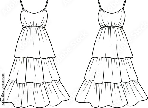 Tiered maxi summer dress fashion flat sketch, sleeveless flowy dress front and back view for technical apparel design illustration

 flat vector illustration