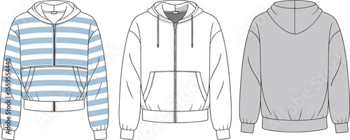 Striped zip-up hoodie front and back fashion template, technical drawing of casual jacket with hood, kangaroo pocket, and ribbed hem

 flat vector illustration