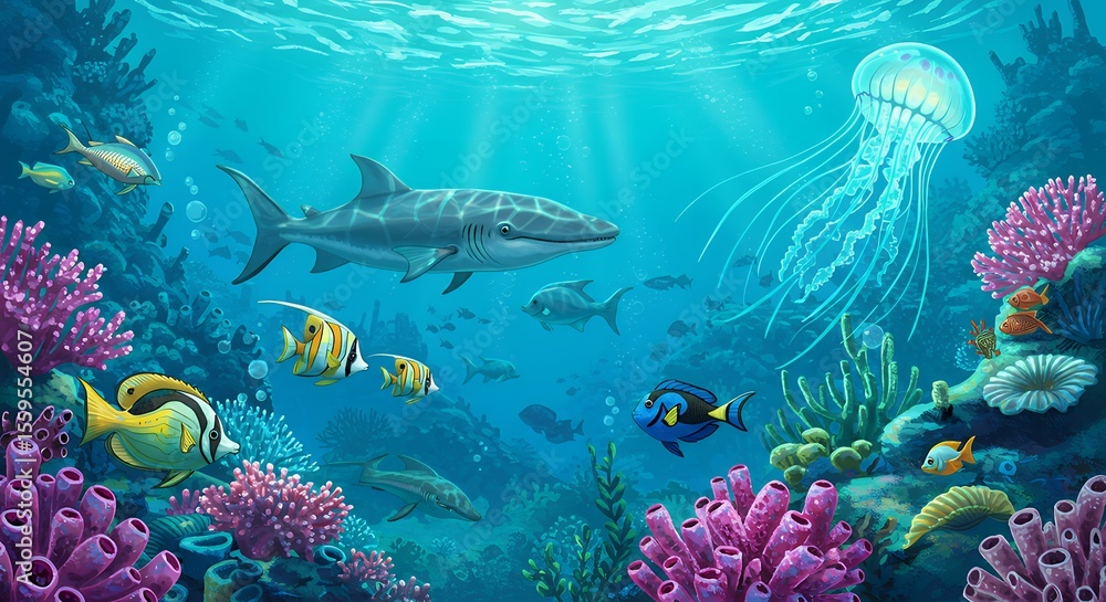 Naklejka premium Dynamic Underwater Scene with Sharks and School of Fish