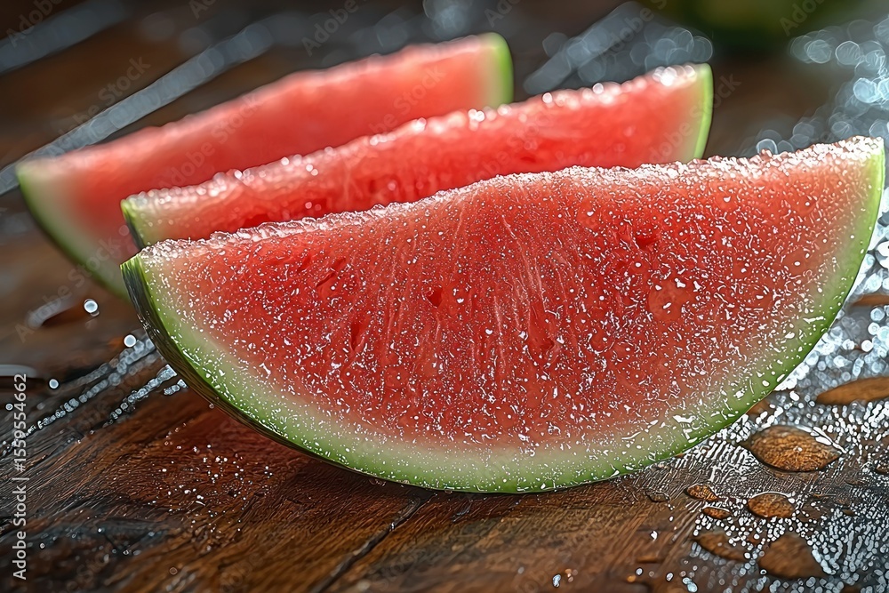 Close-up of three watermelon slices on a wooden surface Close-up of three watermelon slices on a wooden surface