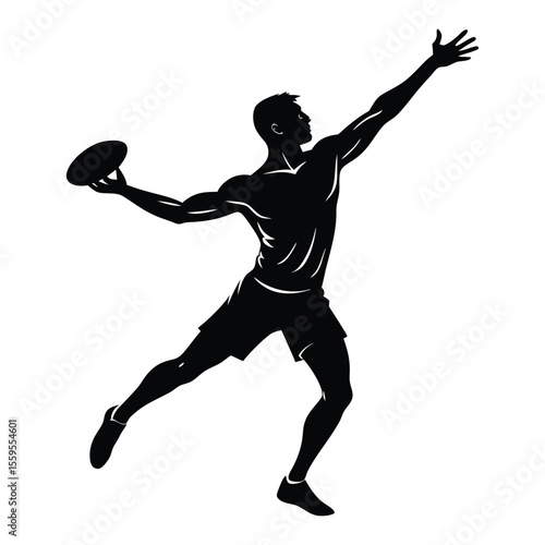 Silhouette of a sportsman throwing a frisbee with dynamic posture, extended arm, and bent knee, capturing the energy and focus of the throw against a clear background.
