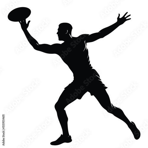 Silhouette of a sportsman throwing a frisbee with dynamic posture, extended arm, and bent knee, capturing the energy and focus of the throw against a clear background.
