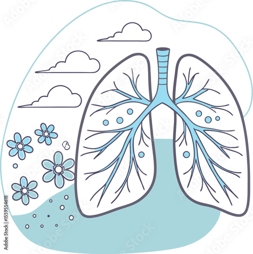 Stylized illustration of human lungs with branches and alveoli surrounded by clouds and blooming flowers symbolizing healthy respiration and clean air