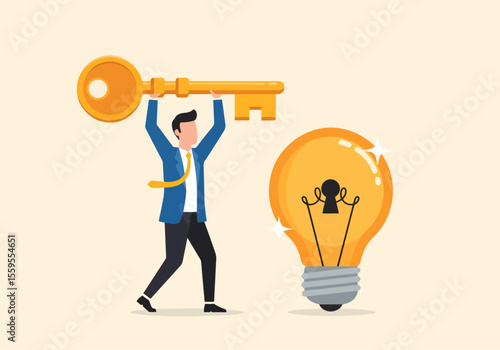 A triumphant businessman holds up a giant golden key next to a brightly shining lightbulb, symbolizing the successful discovery of the solution to a brilliant idea. Vector Illustration