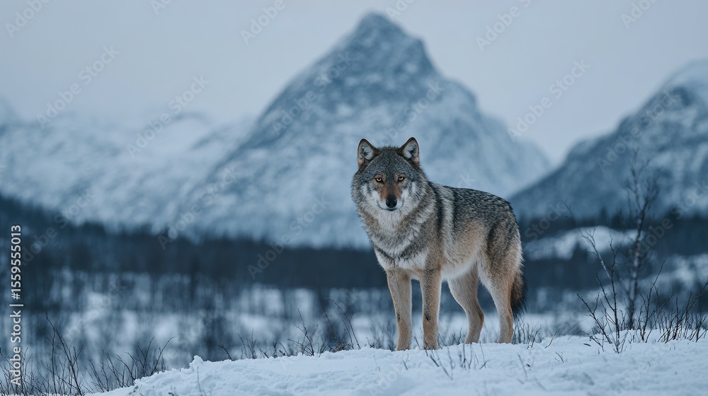 Obraz premium Grey wolf stands proud amidst a snowy landscape.
