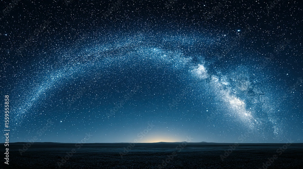 Fototapeta premium Milky way arc over a flat, dark landscape at night.