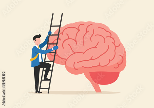 A businessman climbs a ladder propped against a large brain, symbolizing the pursuit of knowledge, intellectual growth, and mastering one's own mindset for personal and professional development. 