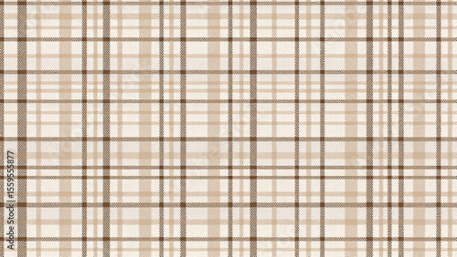 Minimalist digital plaid with prominent dark brown grid lines, filled with subtle light brown and beige rectangles. Textured resembling woven cloth, with warm neutral colors.