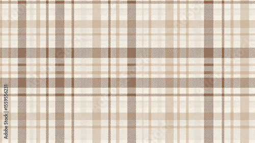 Minimalist digital plaid with prominent dark brown grid lines, filled with subtle light brown and beige rectangles. Textured resembling woven cloth, with warm neutral colors.
