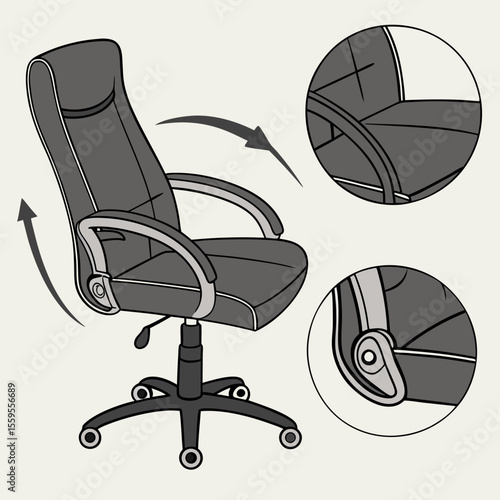 Illustration of a modern ergonomic office chair with adjustable features highlighted by curved arrows indicating movement and detailed close up views