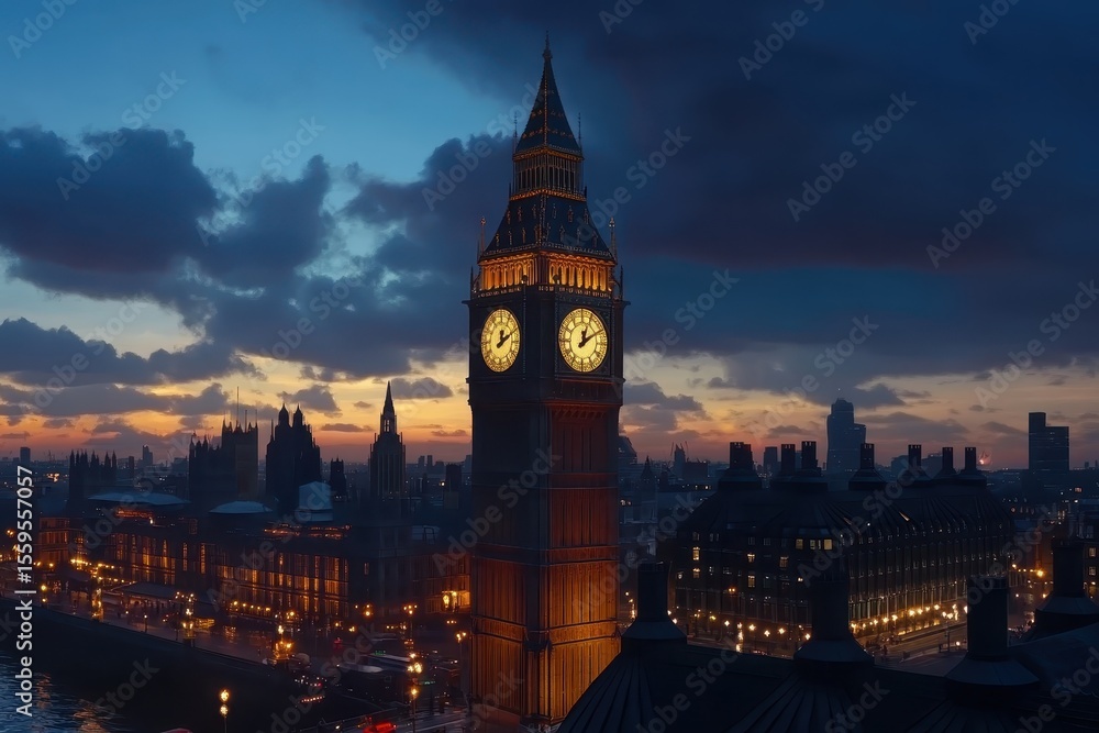 Fototapeta premium Time Lapse captures the vibrant evening sky over Big Ben and the Houses of Parliament in London, Even of Big Ben, London