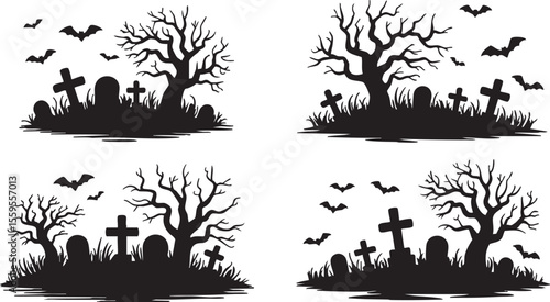 Halloween graveyard scene with spooky bare trees and flying bats in silhouette