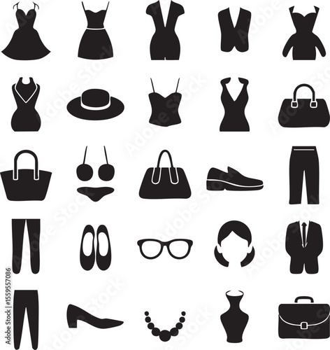 Collection of black fashion icons representing clothing accessories and garments for women and men