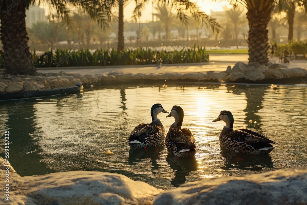 Fototapeta premium Ducks grooming themselves in a serene pond while sunlight casts reflections in Abu, Three ducks at the pond cleaning themselves in Abu Dhabi, UAE