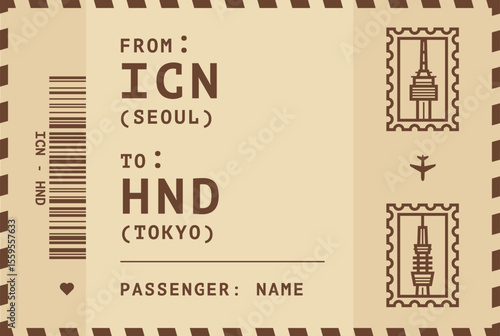 South Korea, Seoul - Japan, Tokyo flight, luggage tag, boarding pass card. Vector illustration layout for infographic, postcard, sticker, print, promo in vintage style with landmark stamps